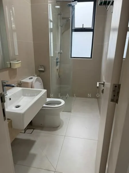 Bathroom features: white ceramic toilet, single-sink vanity with square basin, chrome basin mixer faucet, glass shower enclosure, rain shower head, wall-mounted mirror, light beige tiled walls, light grey tile flooring, window for natural light, towel rack; style: modern.