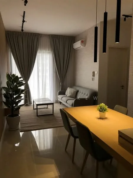 Living features: grey fabric sofa, coffee table, area rug, floor-to-ceiling windows, sheer curtains, recessed downlights, 1 wall-mounted split AC, decorative plant in ceramic pot, light wood dining table, 4 upholstered dining chairs; style: modern.