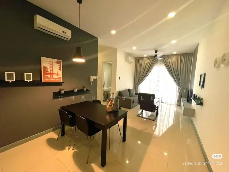 Living features: white painted walls, grey accent wall, glossy tile flooring, 5-blade ceiling fan with light, recessed downlights, sofa in dark grey fabric, black dining table with four chairs, wall-mounted artwork, floor-to-ceiling windows with sheer curtains, decorative wall clock; style: modern; view: city.