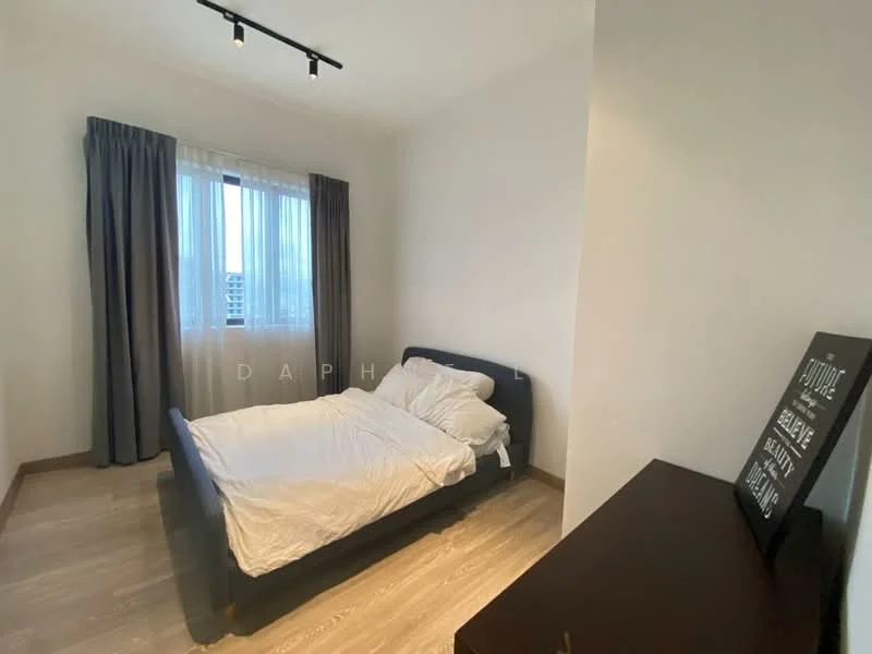 Bedroom features: queen-size bed with white bedding, floor-to-ceiling window with sheer curtains, light wood flooring, white painted walls, track lighting, dark wood bedside table, decorative wall art, built-in wardrobe; style: modern; view: city.