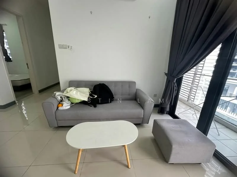 Living features: grey fabric 3-seater sofa, white coffee table with wooden legs, grey ottoman, floor-to-ceiling windows, sheer curtains, white painted walls, glossy tile flooring, air conditioning unit; style: modern; view: city.