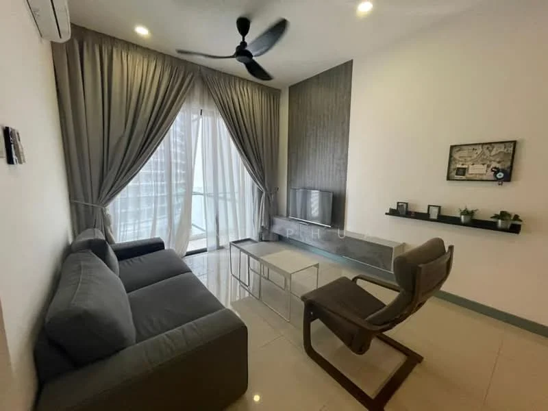 Living features: 3-seater fabric sofa in grey, coffee table with metal frame, wall-mounted TV, feature wall with wood paneling, floor-to-ceiling windows, sheer curtains, recessed downlights, ceiling fan with 3 blades, decorative wall shelf, tile flooring, decorative artwork on wall; style: modern; view: city.