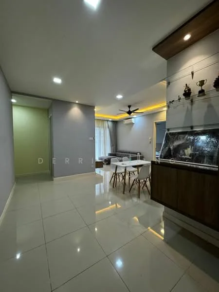 Living features: glossy ceramic tile flooring, light grey painted walls, recessed downlights, 5-blade ceiling fan, dining table with white surface and wooden legs, four wooden dining chairs, large glass window with sheer curtains, decorative wall shelves with trophies, open layout to adjacent room; style: modern. Room features: light grey painted walls, glossy ceramic tile flooring, doorway leading to another room.