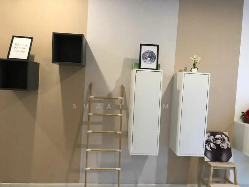 Room features: light beige painted wall, dark beige painted wall, white cabinetry, black wall-mounted cube shelves, wooden ladder, decorative plant, framed artwork, decorative items on shelves; style: modern.