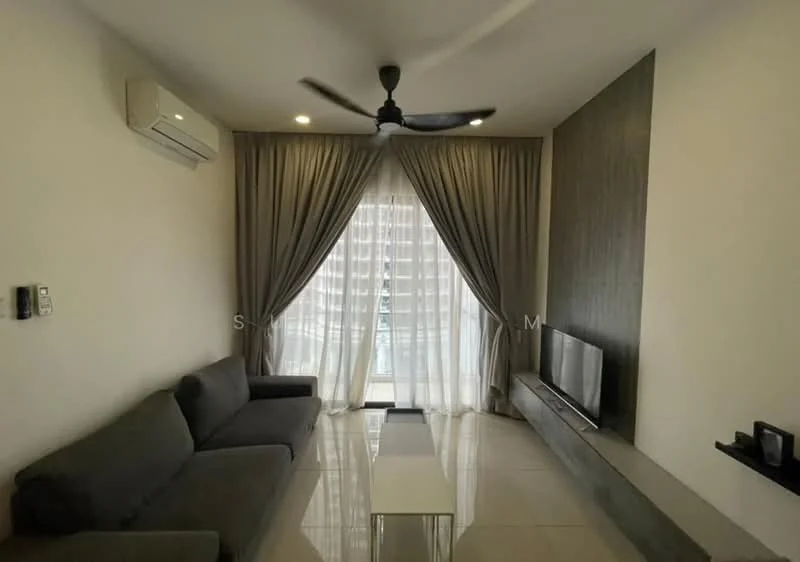Living features: grey fabric 3-seater sofa, white coffee table, wall-mounted TV, TV console, floor-to-ceiling windows, sheer curtains, dropped ceiling, ceiling fan, air conditioning unit, light-colored tiled flooring, wood accent wall; style: modern.