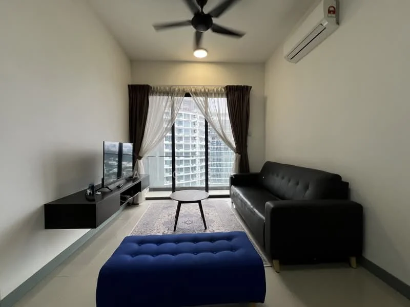 Living features: black leather sofa, 3-seater sofa, coffee table, TV console, wall-mounted TV, area rug with geometric pattern, 5-blade ceiling fan, floor-to-ceiling windows, sheer curtains, dark brown curtains, air conditioning unit, light fixture in ceiling; style: modern; view: city.