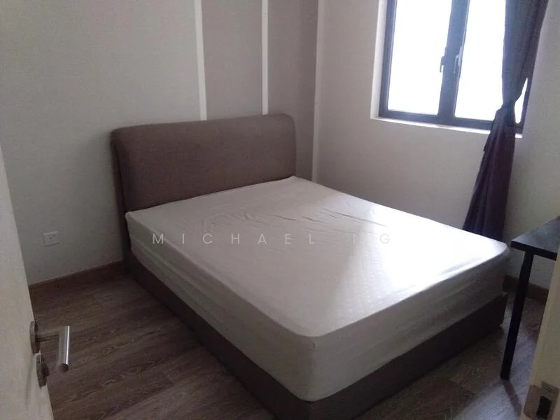 Bedroom features: queen-size bed with upholstered headboard, light wood flooring, white painted walls, window with black curtains, nightstand, single window, neutral color scheme; style: modern.