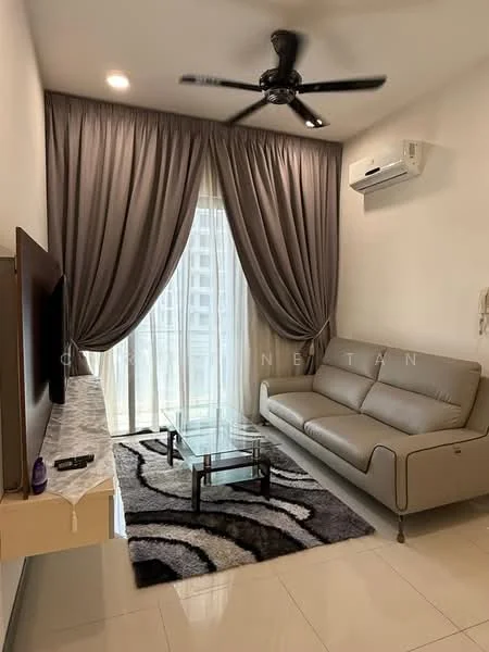 Living features: 3-seater fabric sofa in grey, glass coffee table, area rug with abstract pattern, floor-to-ceiling windows, sheer curtains, dropped ceiling, recessed LED downlights, 1 wall-mounted split AC, wall-mounted TV, TV console, decorative wall art; style: modern; view: city.