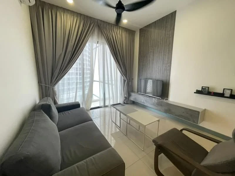 Living features: grey fabric sofa, glass coffee table, wall-mounted TV, TV console, floor-to-ceiling windows, sheer curtains, dark accent wall, recessed downlights, ceiling fan; style: modern; view: city.