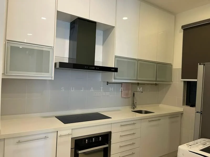 Kitchen features: white cabinetry with glass-front upper cabinets, black countertop, stainless-steel built-in oven, stainless-steel cooktop, black range hood, single-bowl stainless-steel sink, chrome pull-down faucet, white tiled backsplash, refrigerator, under-cabinet lighting, grey roller blinds; style: modern.