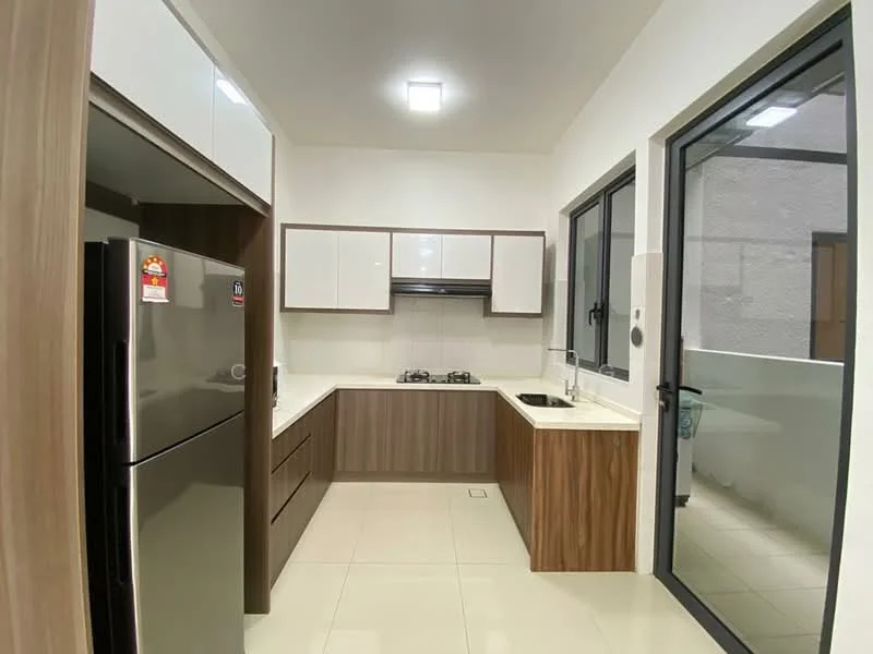 Kitchen features: wood cabinetry, white upper cabinets, brown lower cabinets, stainless-steel fridge, built-in gas hob, exhaust hood, single-bowl stainless-steel sink, white countertop, tile backsplash, floor-to-ceiling windows, sliding glass door, cream tiled flooring, recessed ceiling lights; style: modern.