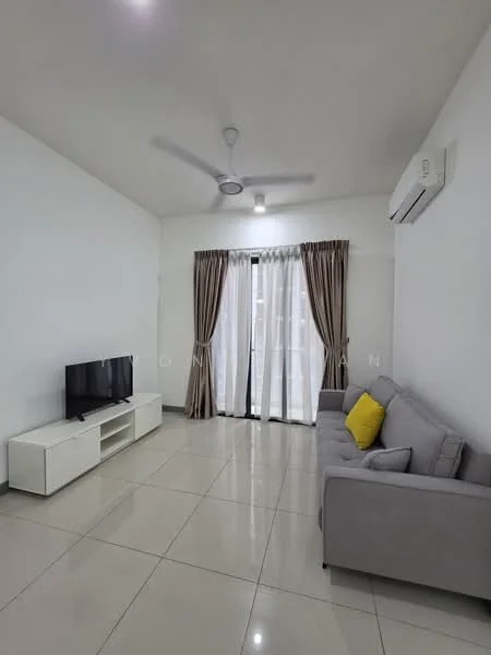 Living features: grey fabric sofa, yellow decorative cushion, white TV console, wall-mounted TV, floor-to-ceiling windows, sheer curtains, dropped ceiling, recessed downlights, 1 wall-mounted split AC, polished tile flooring, light grey walls, ceiling fan with light; style: modern.
