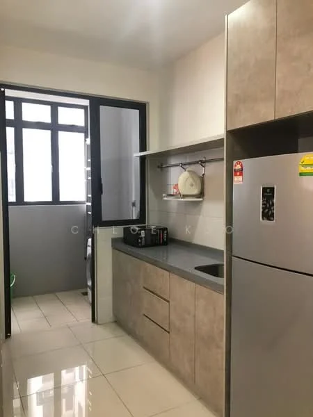 Kitchen features: grey laminate cabinetry, grey countertop, single-bowl stainless-steel sink, chrome pull-down faucet, built-in microwave, stainless-steel fridge, ceramic tile flooring, window with black frames, open shelving, wall-mounted dish rack; style: modern.