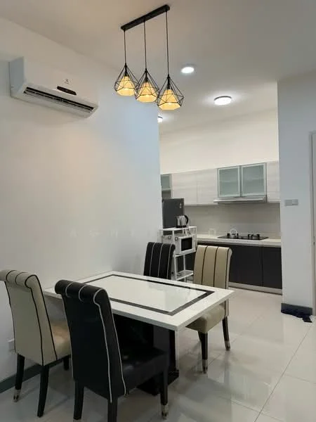 Dining features: 6-seater dining table with white top and black trim, upholstered dining chairs in black and cream, pendant lighting with three geometric shades, wall-mounted split AC unit, white painted walls, glossy tile flooring, recessed ceiling lights; style: modern. Kitchen features: grey cabinetry, stainless-steel fridge, built-in oven, 4-burner gas hob, black countertops, open shelving, tile backsplash; style: modern.