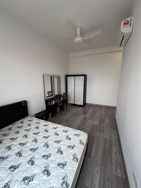 Bedroom features: queen-size bed, upholstered headboard, wooden flooring, white painted walls, 5-blade ceiling fan, wall-mounted split AC, full-length mirror, wooden dressing table with chair, black and white wardrobe; style: modern.