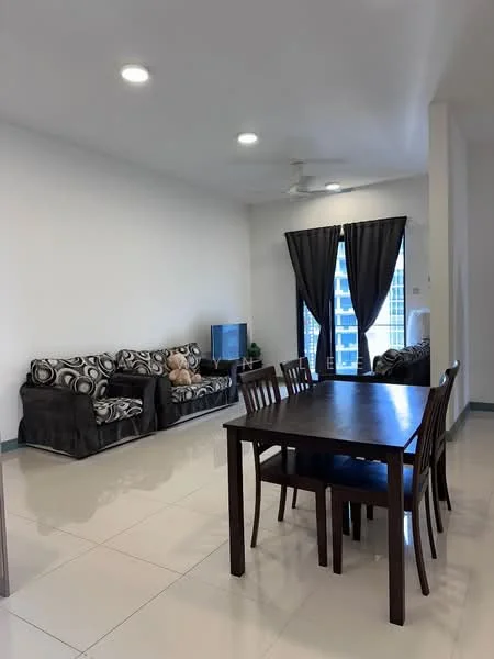 Living features: 3-seater fabric sofa with patterned cushions, 2-seater fabric sofa with patterned cushions, wooden dining table with 4 chairs, floor-to-ceiling windows, black curtains, light-colored walls, recessed ceiling lights, polished ceramic tile flooring, TV console, teddy bear decor; style: modern; view: city.