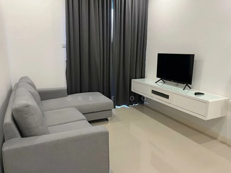 Living features: L-shape sectional sofa in grey, white wall-mounted TV console, wall-mounted TV, grey curtains, glossy tile flooring, white painted walls, decorative wall panel, LED lighting; style: modern.