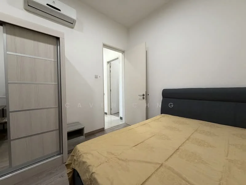 Bedroom features: queen-size bed with grey upholstered headboard, golden bedspread, 1 bedside table, built-in wardrobe with sliding doors, white painted walls, laminate flooring, wall-mounted split AC, door leading to hallway, door leading to bathroom, light switch, window with no visible treatment; style: modern.