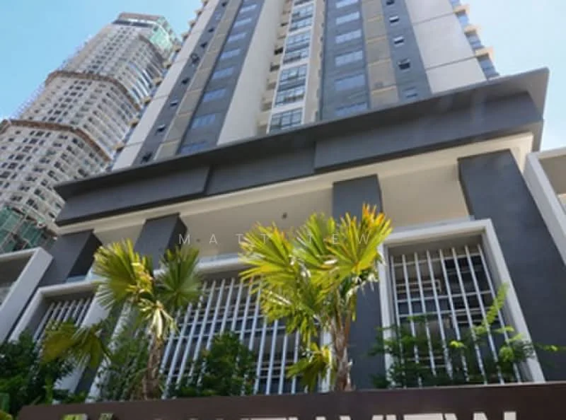 Exterior type: high-rise condominium; features: glass curtain wall, grey painted facade, recessed balconies, vertical fins, landscaped garden with palm trees, main entrance signage, surrounded by mature greenery; style: modern.