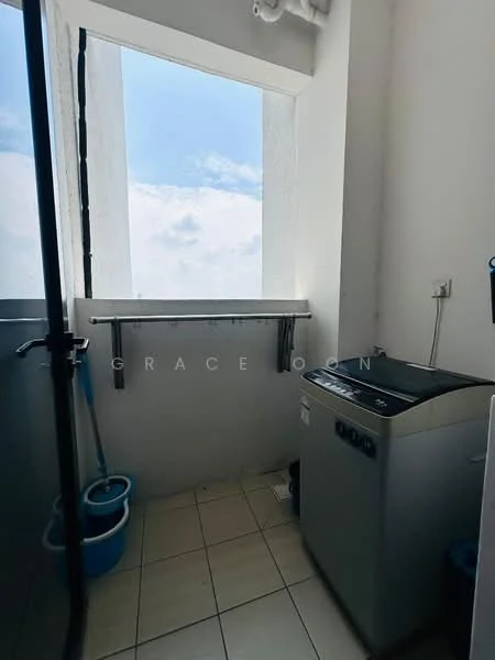 Laundry features: washing machine, tile flooring, white walls, window with view, metal railing, cleaning supplies, utility area, shelf above washing machine; view: sky.