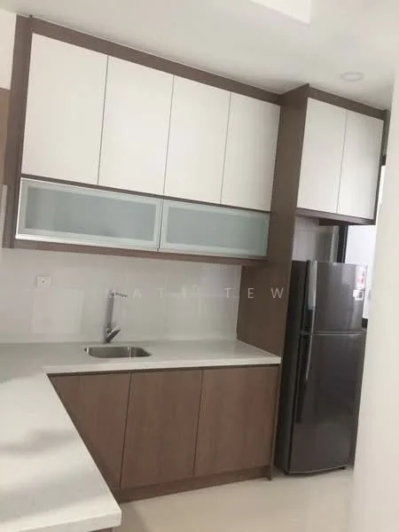 Kitchen features: single-bowl stainless-steel sink, chrome pull-down faucet, white upper cabinets with glass panels, brown lower cabinets, white quartz countertop, stainless-steel fridge, tile backsplash, recessed downlights, open shelving, modern cabinetry; style: modern.