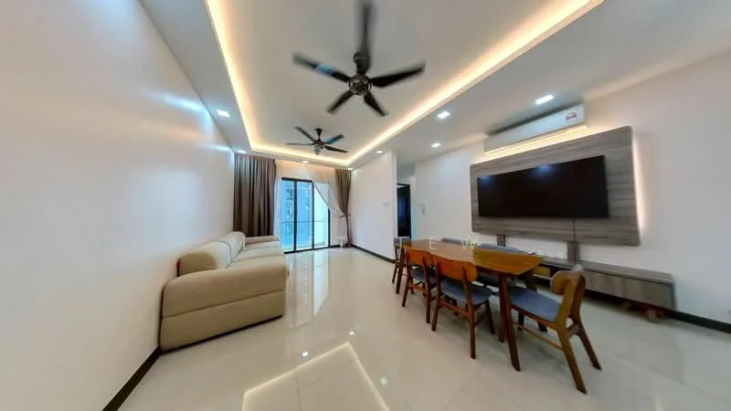Living features: cream painted walls, glossy tile flooring, 5-blade ceiling fan with light, 2 ceiling fans, wall-mounted TV, wooden TV console, dining table with chairs, sofa in beige fabric, curtains, recessed LED downlights, sliding glass door, outdoor view; style: modern; view: city.