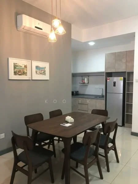 Dining features: wooden dining table, 6 dining chairs, pendant lighting, wall-mounted split AC, grey painted walls, framed artwork on walls, ceramic tile flooring, refrigerator, kitchen cabinetry, open kitchen layout; style: modern.