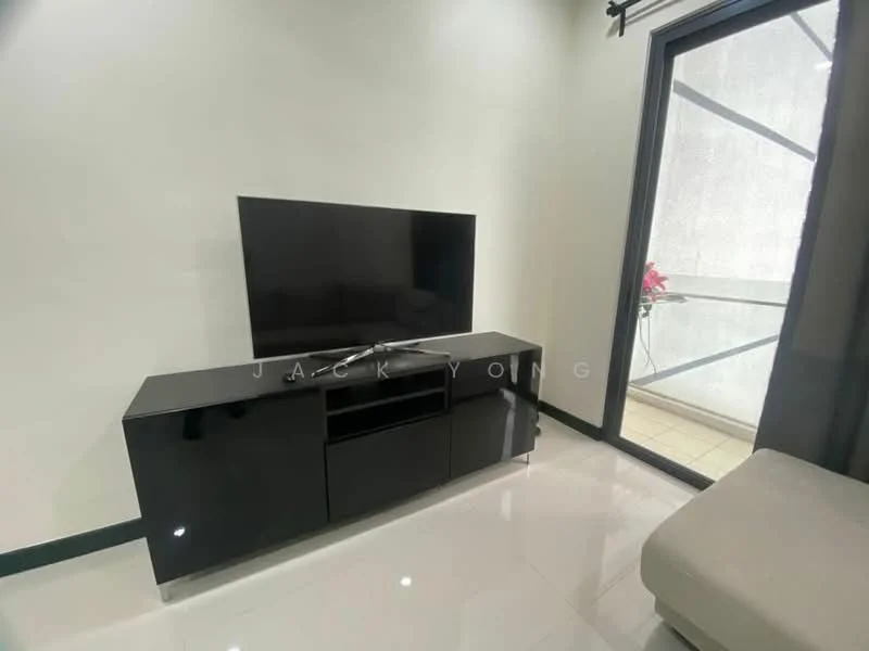 Living features: black TV console, wall-mounted TV, white walls, glossy tile flooring, large glass sliding door, curtains, decorative plant on balcony, neutral-colored sofa; style: modern.