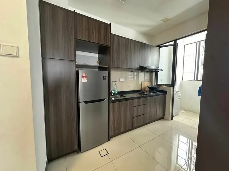 Kitchen features: dark wood cabinetry, black countertop, stainless-steel fridge, built-in sink, single-bowl stainless-steel sink, chrome pull-down faucet, ceramic tile flooring, wall-mounted window, open shelving, microwave, kitchen appliances, light-colored walls, recessed lighting; style: modern.