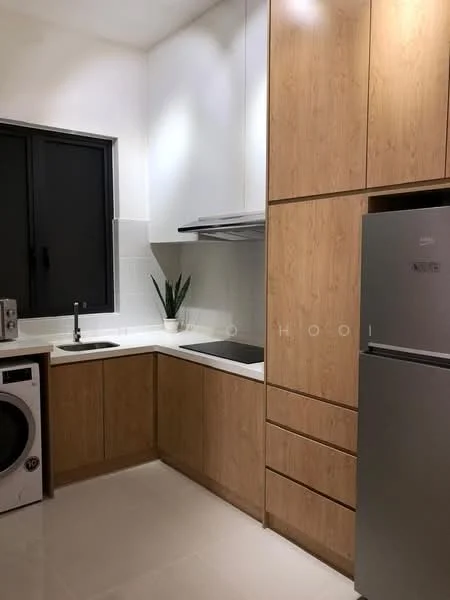 Kitchen features: wood cabinetry, white countertop, stainless-steel sink, chrome pull-down faucet, built-in oven, stainless-steel fridge, washing machine, tile backsplash, ceramic tile flooring, black framed window, potted plant; style: modern.