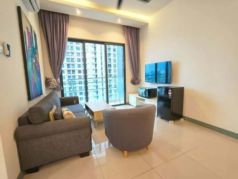 Living features: grey fabric 3-seater sofa, light grey armchair, wooden coffee table, TV console, wall-mounted TV, floor-to-ceiling windows, sheer curtains, recessed downlights, white painted walls, glossy tile flooring, ceiling fan; style: modern; view: city.
