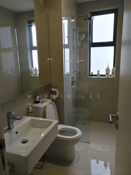 Bathroom features: single-sink vanity with white cabinet, chrome basin mixer faucet, framed mirror, one-piece toilet, walk-in shower with glass enclosure, rain shower head, tile cladding on walls, ceramic tile flooring, window for natural light, shower shelf for toiletries; style: modern.