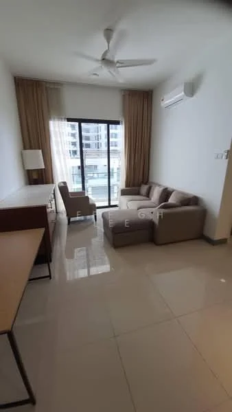 Living features: 3-seater fabric sofa in beige, single armchair in beige, wooden coffee table, desk with lamp, floor-to-ceiling windows, sheer curtains, wall-mounted split AC, ceiling fan, glossy tile flooring, neutral painted walls; style: modern; view: city.
