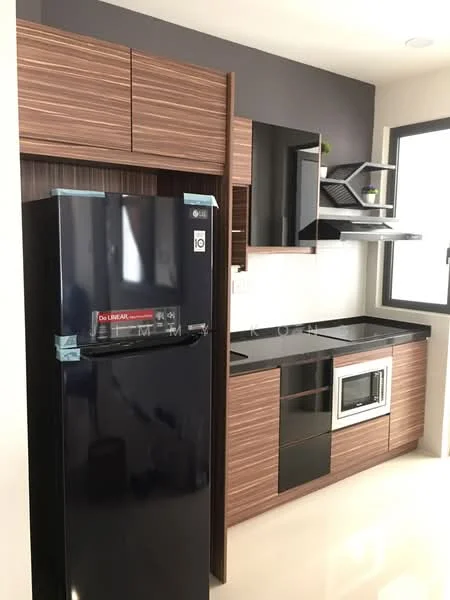 Kitchen features: black stainless-steel fridge, black built-in microwave, black countertop, brown wood cabinetry, black glass cabinet doors, white tiled backsplash, open shelving, single-bowl stainless-steel sink, chrome pull-down faucet, recessed downlights, cream-colored floor tiles; style: modern.