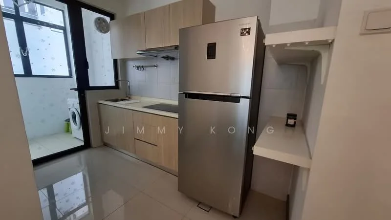 Kitchen features: light wood cabinetry, stainless-steel fridge, single-bowl stainless-steel sink, chrome pull-down faucet, built-in oven, ceramic tile backsplash, white tiled walls, grey floor tiles, window with black frame, open shelving, countertop with space for appliances; style: modern.
