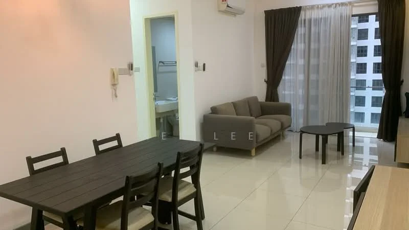Living features: 3-seater fabric sofa in grey, coffee table, floor-to-ceiling windows, sheer curtains, dark brown curtains, wall-mounted air conditioning unit, white painted walls, glossy tile flooring, decorative wall light; style: modern; view: city. Dining features: 6-seater dining table in dark wood, wooden dining chairs, open layout, adjacent to living area; style: modern. Room features: doorway leading to bathroom, white painted walls.