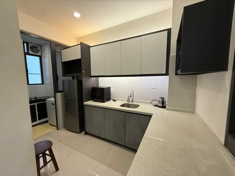 Kitchen features: grey and white cabinetry, stainless-steel fridge, built-in microwave, single-bowl stainless-steel sink, chrome pull-down faucet, quartz countertop, ceramic tile flooring, wall-mounted cabinets, kettle, toaster, stool, window with black frame; style: modern.