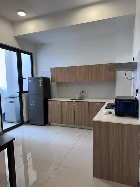 Kitchen features: white walls, glossy tile flooring, wood cabinetry, stainless-steel fridge, built-in gas hob, exhaust hood, microwave, single-bowl stainless-steel sink, chrome pull-down faucet, countertop with white surface, window with view to outside, open layout; style: modern.