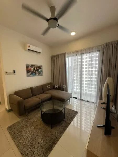 Living features: 3-seater fabric sofa in beige, glass coffee table, area rug with geometric pattern, wall-mounted TV, TV console, 5-blade ceiling fan with light, floor-to-ceiling windows, sheer curtains, white painted walls, polished tile flooring, recessed downlights, decorative artwork; style: modern; view: city.