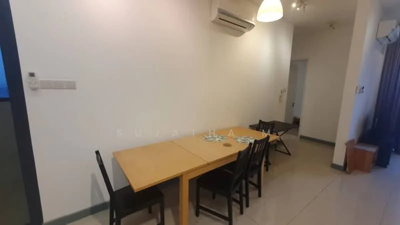 Dining features: wooden dining table, four black dining chairs, air conditioning unit on wall, pendant light fixture, white painted walls, ceramic tile flooring, window with curtain, decorative wall panel, corner with additional seating; style: modern.