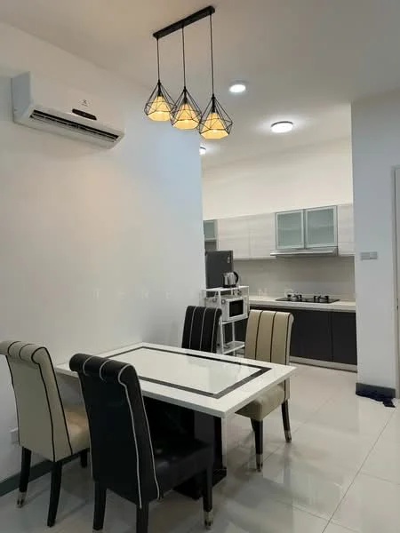 Dining features: white dining table with black trim, 4 upholstered dining chairs in black and cream, pendant light fixture with geometric design, wall-mounted split AC unit, glossy tiled flooring, light grey walls, recessed ceiling lights, open layout to kitchen; style: modern. Kitchen features: grey cabinetry, stainless-steel fridge, built-in stove, countertop with backsplash, open shelving, kitchen island, wall-mounted cabinets, ceramic tile flooring; style: modern.