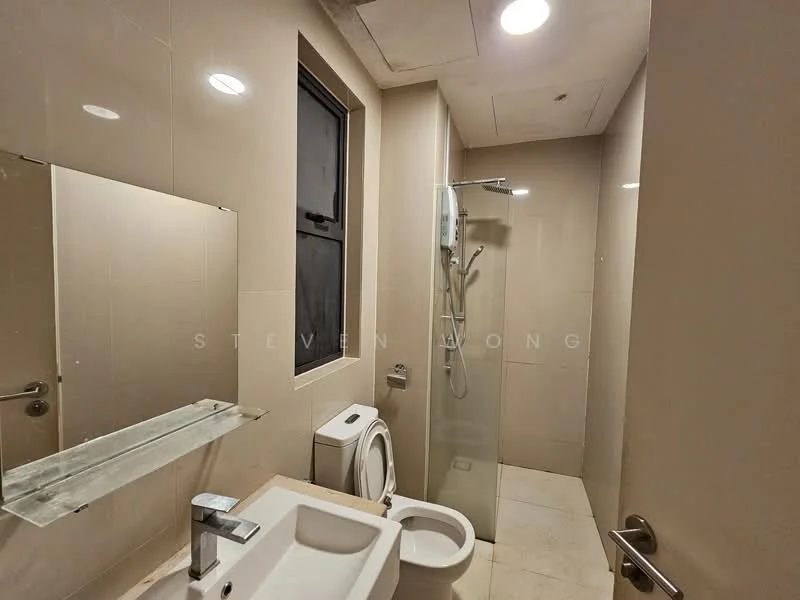 Bathroom features: white ceramic toilet, single-sink vanity with chrome faucet, framed mirror, glass shower enclosure, rain shower head, tile flooring, cream tiled walls, window for natural light, recessed downlights; style: modern.