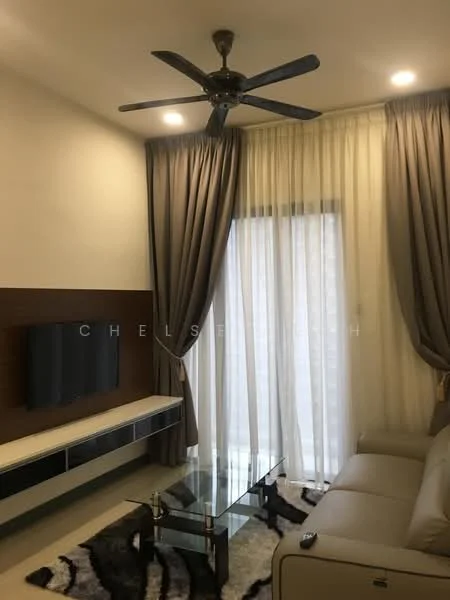 Living features: 3-seater leather sofa, glass coffee table, wall-mounted TV, TV console with storage, floor-to-ceiling windows, sheer curtains, dark grey curtains, 5-blade ceiling fan with light, light-colored walls, tile flooring, decorative area rug; style: modern.