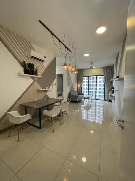 Living features: glossy ceramic tile flooring, white painted walls, ceiling with recessed downlights, 5-blade ceiling fan, large floor-to-ceiling windows, grey curtains, dining table with four white chairs, pendant lighting above dining table, sofa in grey fabric, TV console, decorative wall shelf, air conditioning unit; style: modern; view: city.