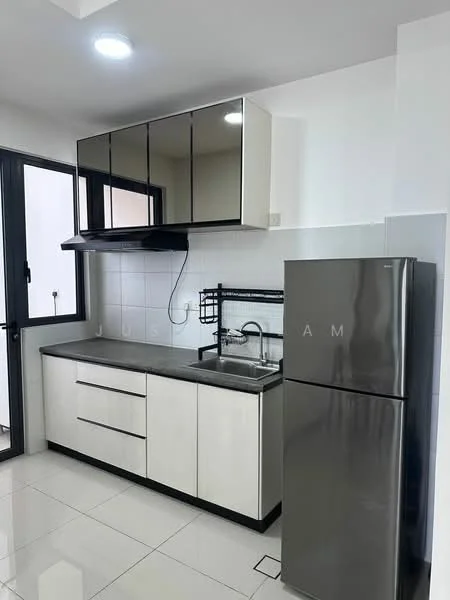 Kitchen features: white upper cabinets with glass doors, black lower cabinets, grey granite countertop, stainless-steel sink, chrome pull-down faucet, built-in stove with exhaust hood, stainless-steel fridge, white tiled backsplash, white tiled flooring, recessed ceiling lights; style: modern.