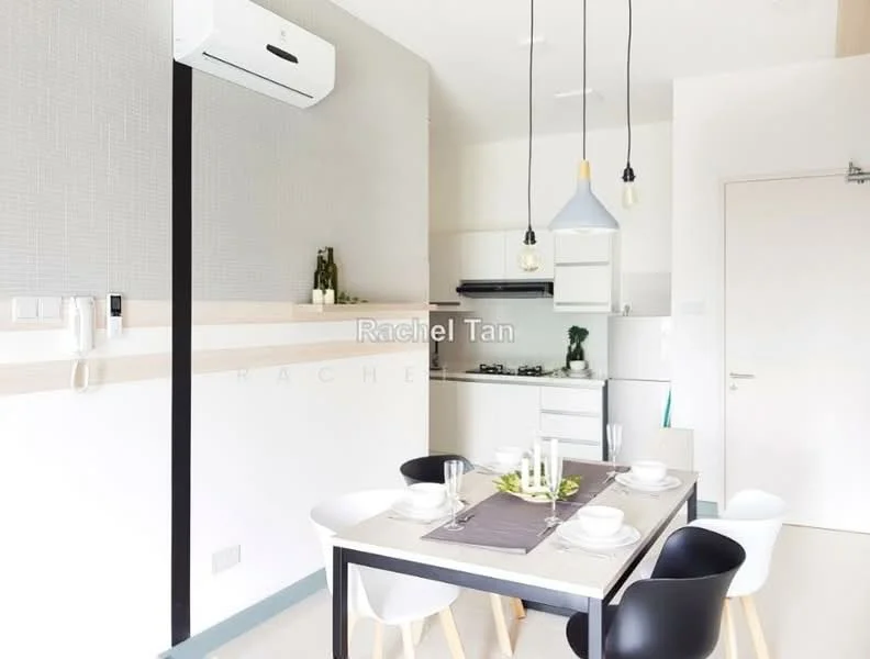 Dining features: 4-seater dining table, white table with grey runner, black and white dining chairs, pendant light fixture, wall-mounted split AC, grey wallpaper, kitchen area visible in background, white cabinetry, stainless-steel gas hob, kitchen sink, decorative plants on shelf; style: modern.