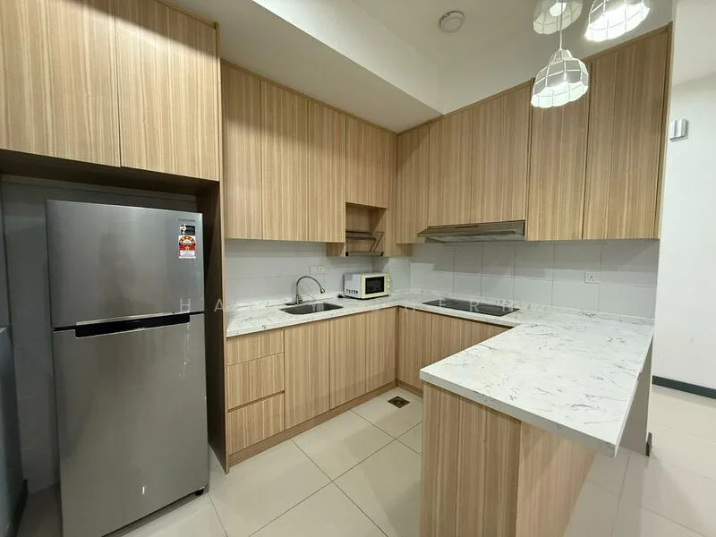 Kitchen features: light wood cabinetry, marble countertop, stainless-steel fridge, built-in oven, stainless-steel sink, chrome pull-down faucet, microwave, ceramic tile flooring, recessed downlights, pendant lighting, white tiled backsplash; style: modern.