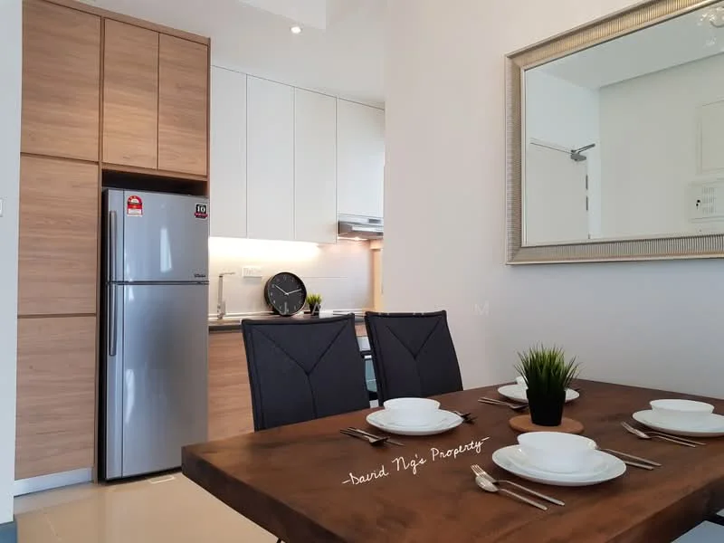 Kitchen features: stainless-steel fridge, wood cabinetry, white countertop, built-in oven, 4-burner gas hob, single-bowl stainless-steel sink, chrome pull-down faucet, pendant light, tile backsplash, dining table with 4 chairs, decorative mirror, table setting with plates and cutlery; style: modern.