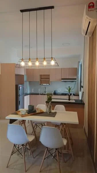 Dining features: white dining table, 4 white chairs with wooden legs, pendant light fixture with multiple bulbs, grey walls, kitchen cabinetry in light wood, black countertop, stainless-steel fridge, decorative plant on table, kitchen area visible in background, wall-mounted air conditioning unit, open-plan layout; style: modern.