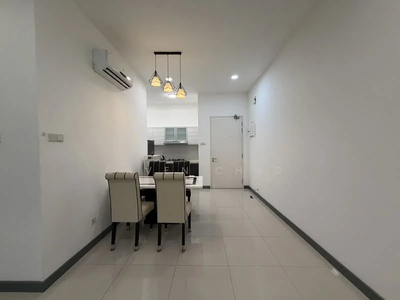 Dining features: 4-seater dining table, upholstered dining chairs, white painted walls, tile flooring, recessed LED downlights, 1 wall-mounted split AC, pendant lighting with 3 bulbs, door leading to hallway, window with sheer curtains; style: modern.